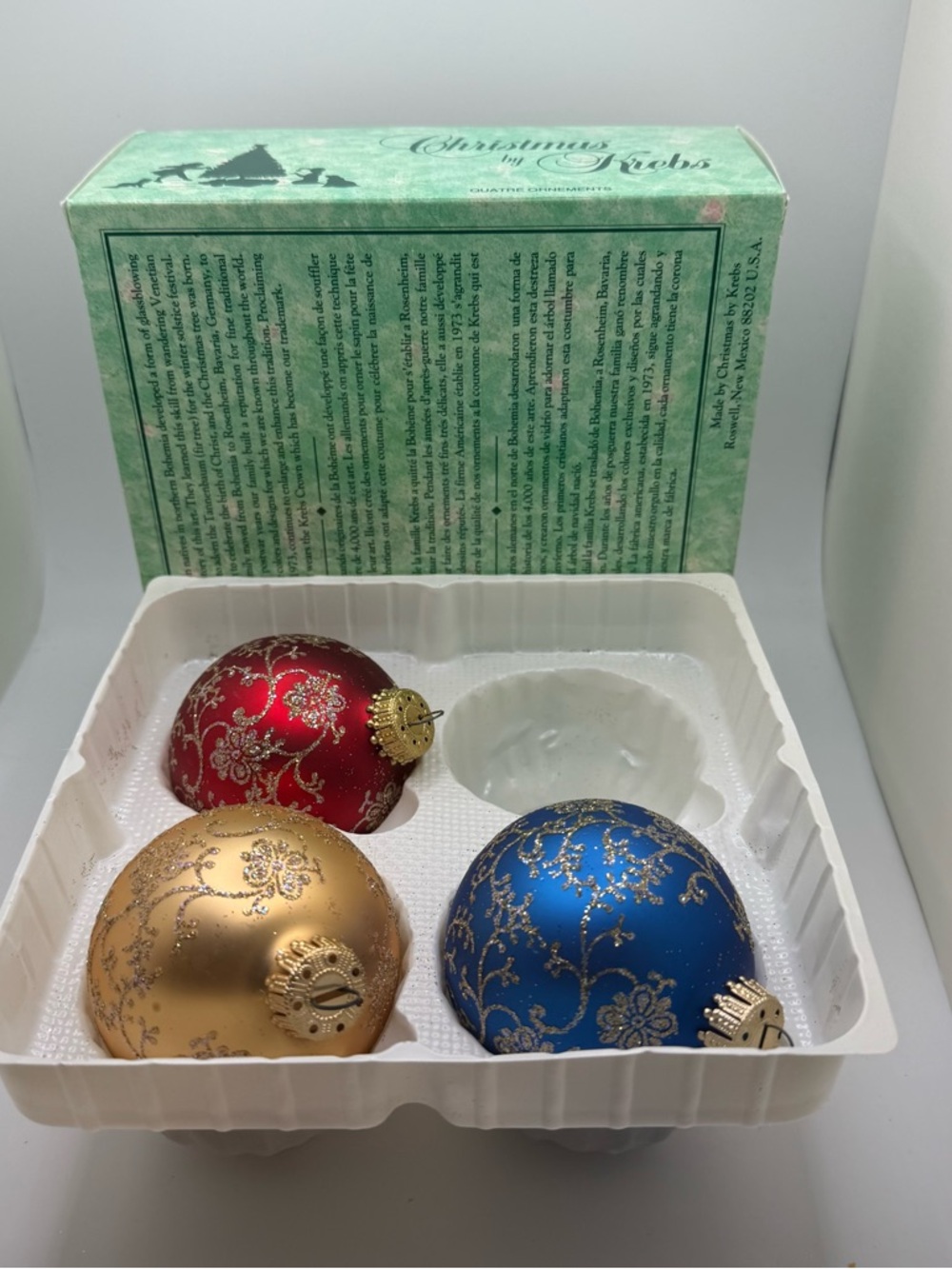 Vtg Decorative Holiday Ornament Set of 3 Stenciled Floral Gold Krebs
